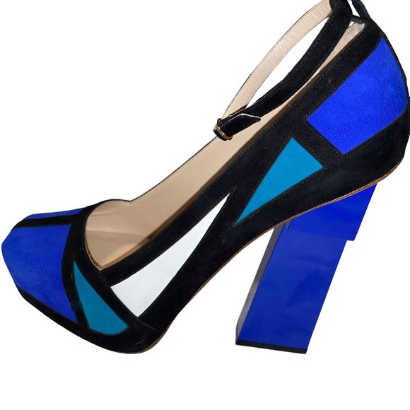 New Aperlai Geisha Mondrian Blue Suede Platform Heels Pumps Sz 38.5 Designer - Picture 2 of 13